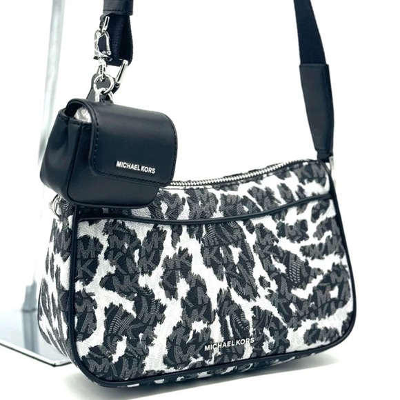Michael Kors Jet Set Medium Leopard Logo Crossbody Bag W Case for Apple AirPods - Picture 1 of 11